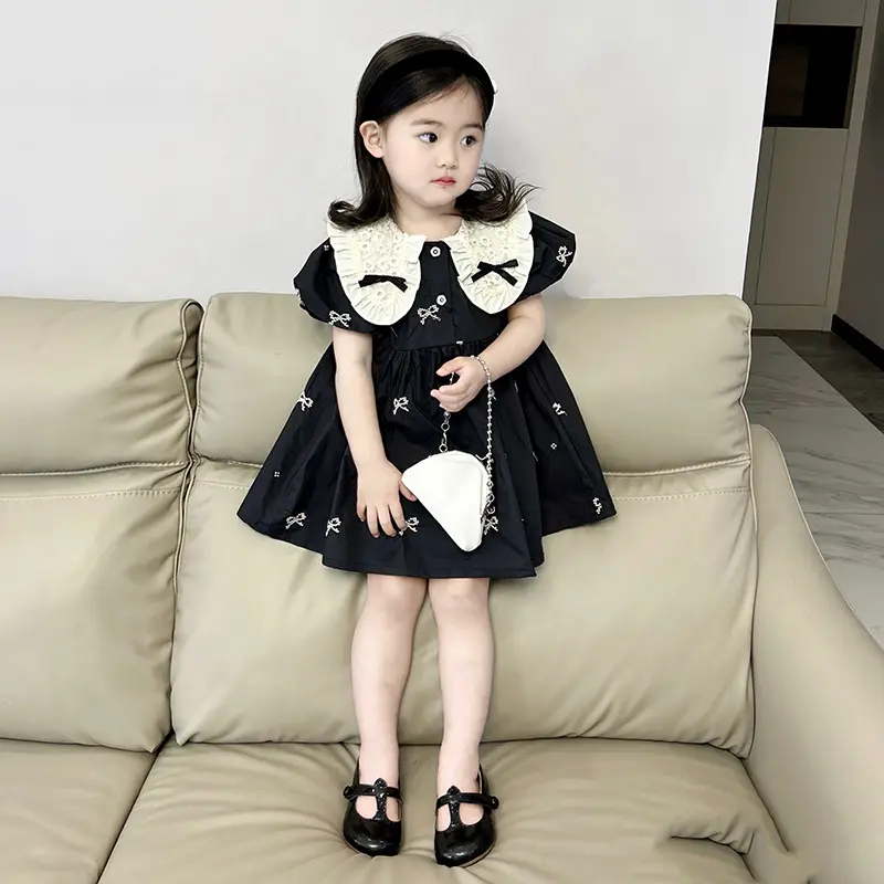 Girls Fashion Embroidered Bow knot Dress Summer New Little Girls Toddler Princess Dresses Lace Kids Short Sleeve Party Clothes