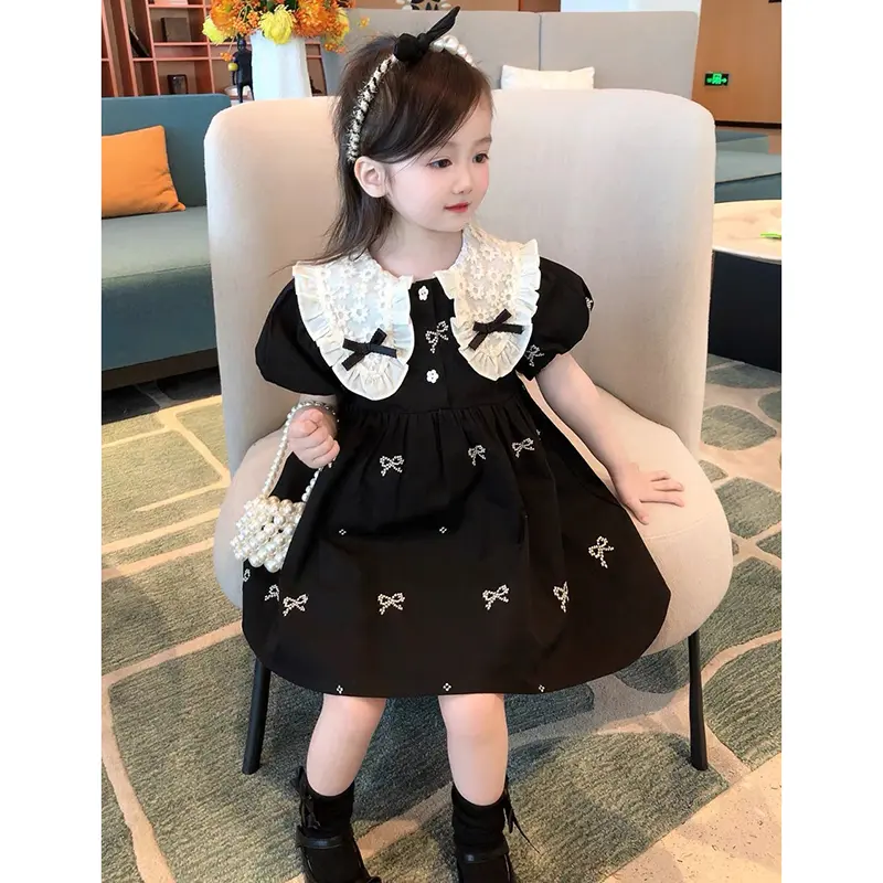 Girls Fashion Embroidered Bow knot Dress Summer New Little Girls Toddler Princess Dresses Lace Kids Short Sleeve Party Clothes