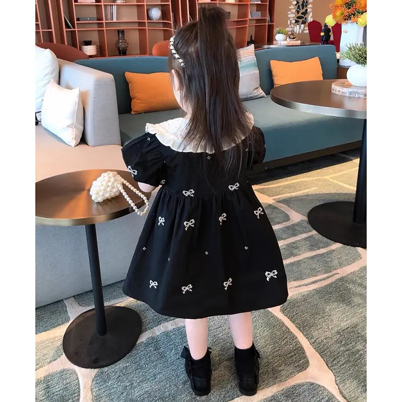 Girls Fashion Embroidered Bow knot Dress Summer New Little Girls Toddler Princess Dresses Lace Kids Short Sleeve Party Clothes