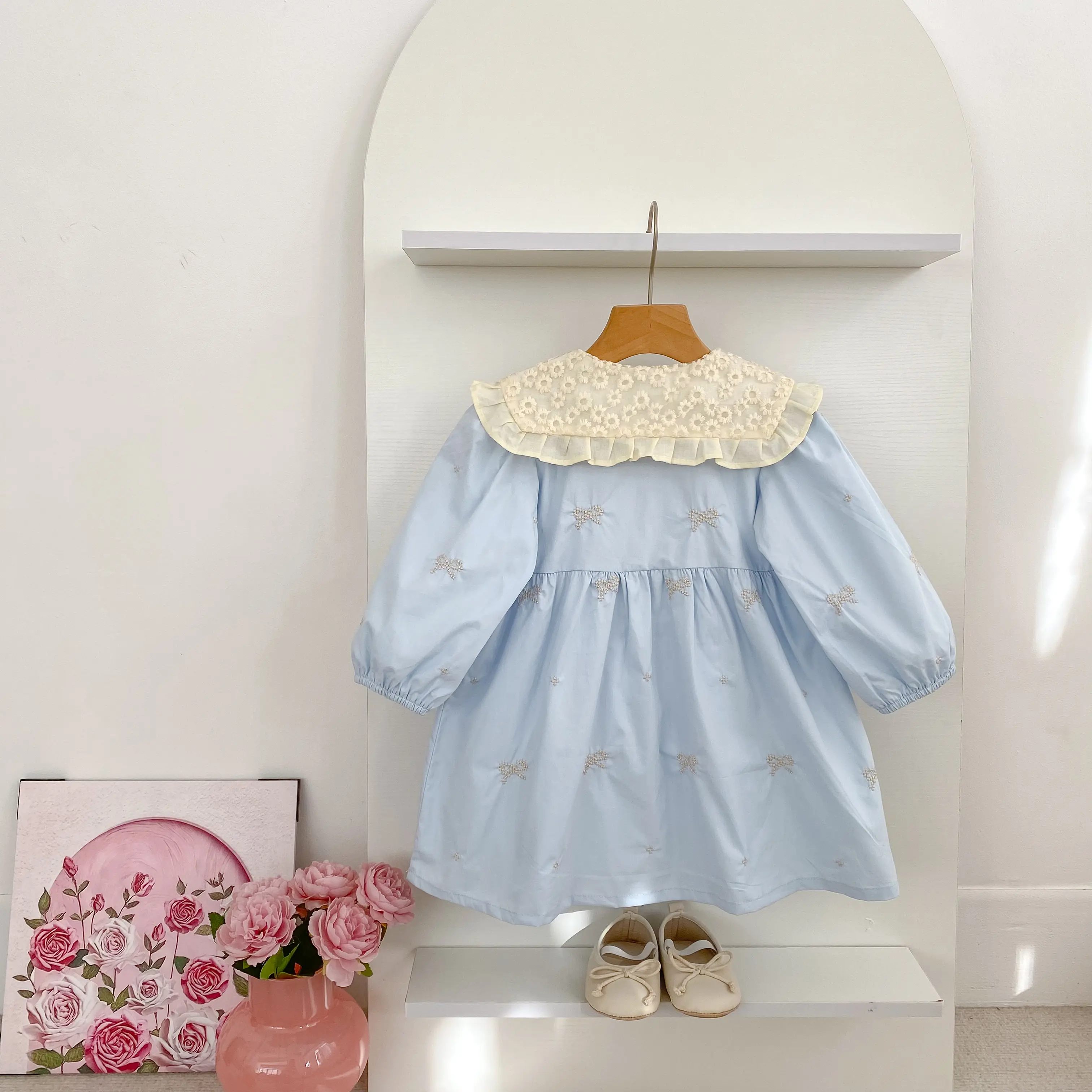 2025 New Girls Dress Baby Lace Bow Dress Princess Stylish Children's Autumn College Style Simple Little Girl Baby Princess Dress