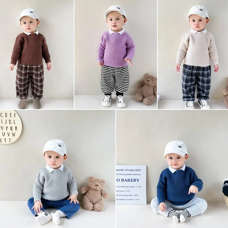 0-6Yrs Children Boy Girl Knit Sweater Winter Kids Clothes Causal Solid Color Long Sleeve Pullover Tops Toddler Sweater Knitting