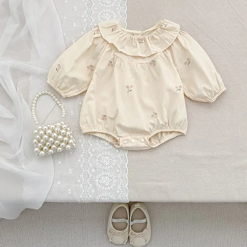 0-2Yrs Girls Romper Newborn Clothes Princess New Baby Girl Autumn Clothes Embroidered Lapel Lace Long Sleeve Baby Thin Jumpsuit