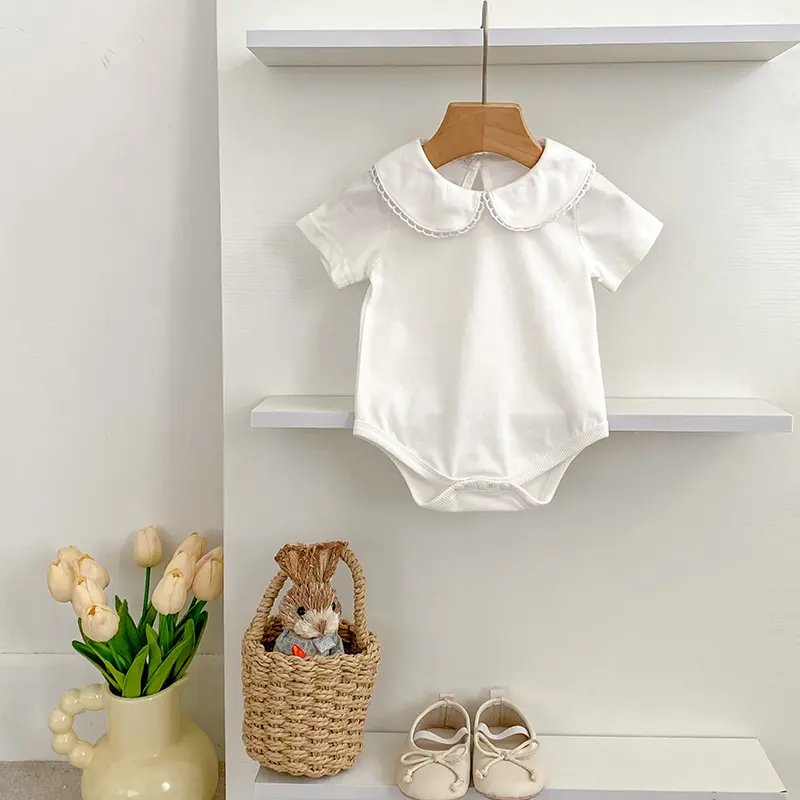 0-24M Summer Newborn Kids Baby Girls Doll Collar Solid Color Rompers Infant Baby Girls Short Sleeve Rompers Clothes White Infant
