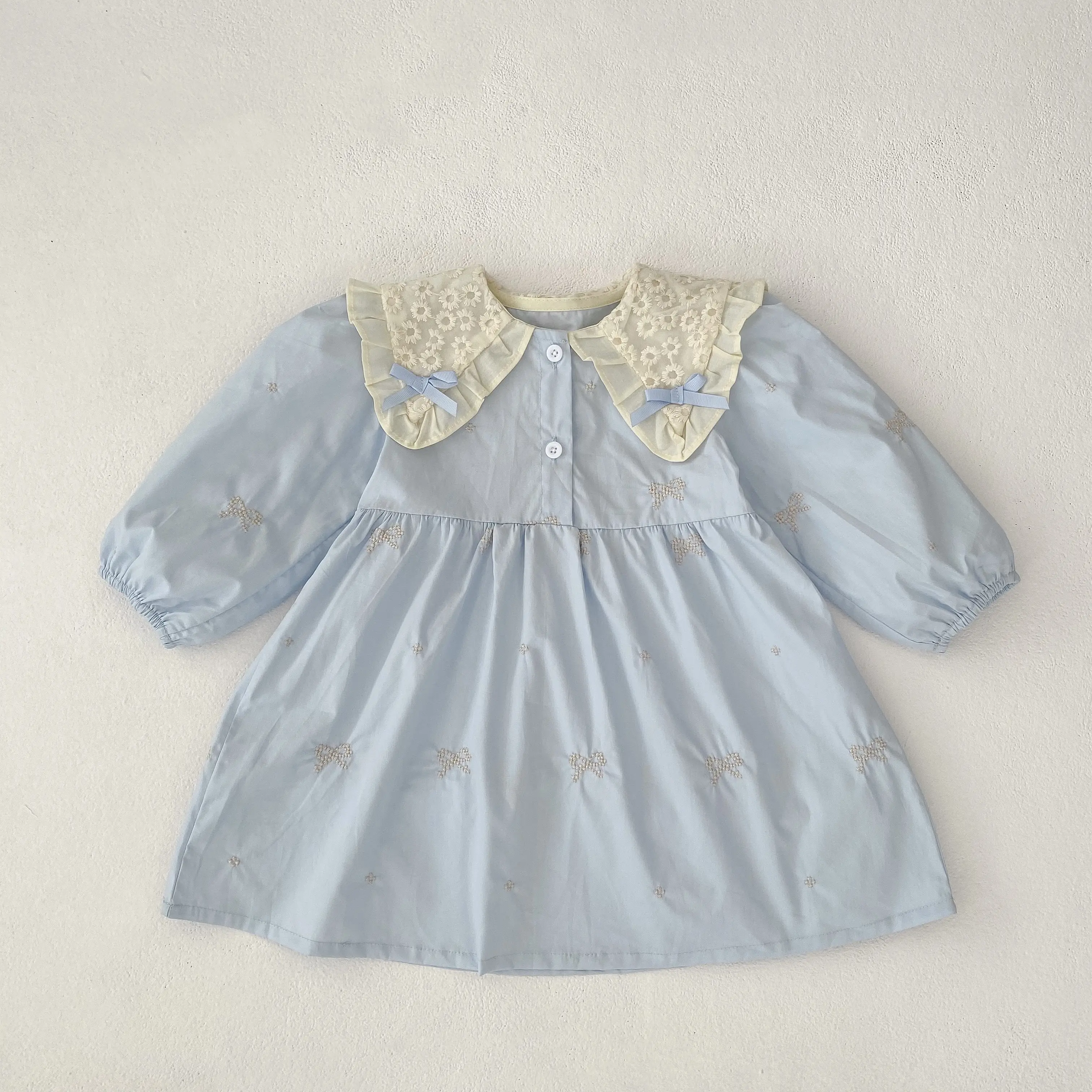 2025 New Girls Dress Baby Lace Bow Dress Princess Stylish Children's Autumn College Style Simple Little Girl Baby Princess Dress