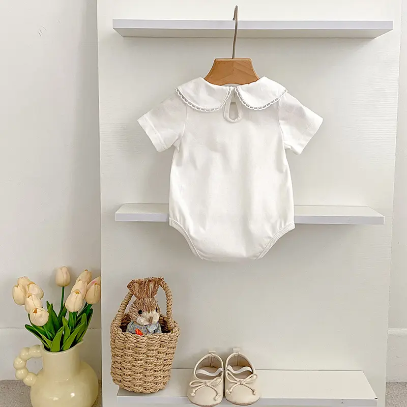 0-24M Summer Newborn Kids Baby Girls Doll Collar Solid Color Rompers Infant Baby Girls Short Sleeve Rompers Clothes White Infant