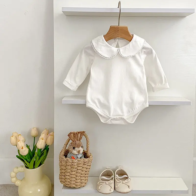 0-24M Summer Newborn Kids Baby Girls Doll Collar Solid Color Rompers Infant Baby Girls Short Sleeve Rompers Clothes White Infant