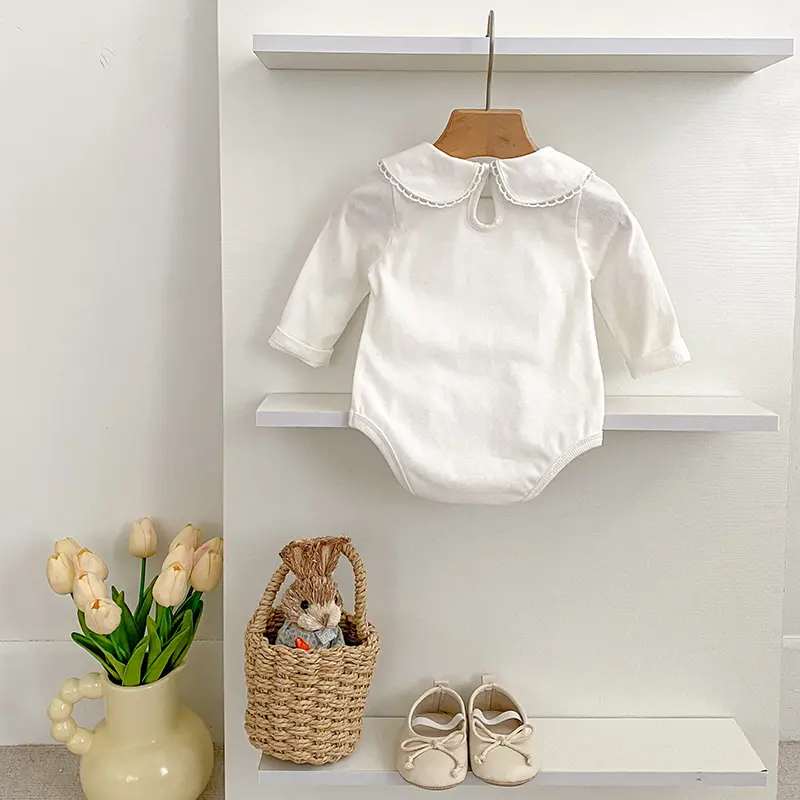0-24M Summer Newborn Kids Baby Girls Doll Collar Solid Color Rompers Infant Baby Girls Short Sleeve Rompers Clothes White Infant