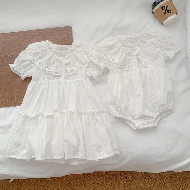 2025 Summer New Sister Dress Kids Princess Dresses 2-6Yrs Girl Party Lace Dress Sister Cotton Embroidery Baby Girl Romper