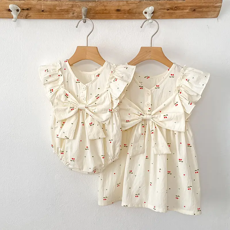 0-6Y Sister Dress Summer New Baby Girls Dress Baby Romper Sweet Princess Dress Cherry Print A-Line Dress Bow Flower Sweet Dress