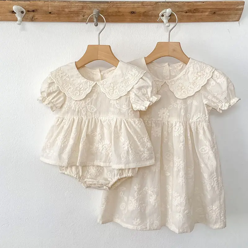 Summer Sisters Outfits Girl Infant Puff Sleeve Rompers Newborn Baby Embroider Cotton1-6Yrs Fashion Princess Dress Kids Clothes