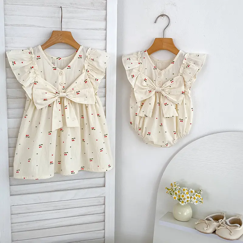 0-6Y Sister Dress Summer New Baby Girls Dress Baby Romper Sweet Princess Dress Cherry Print A-Line Dress Bow Flower Sweet Dress