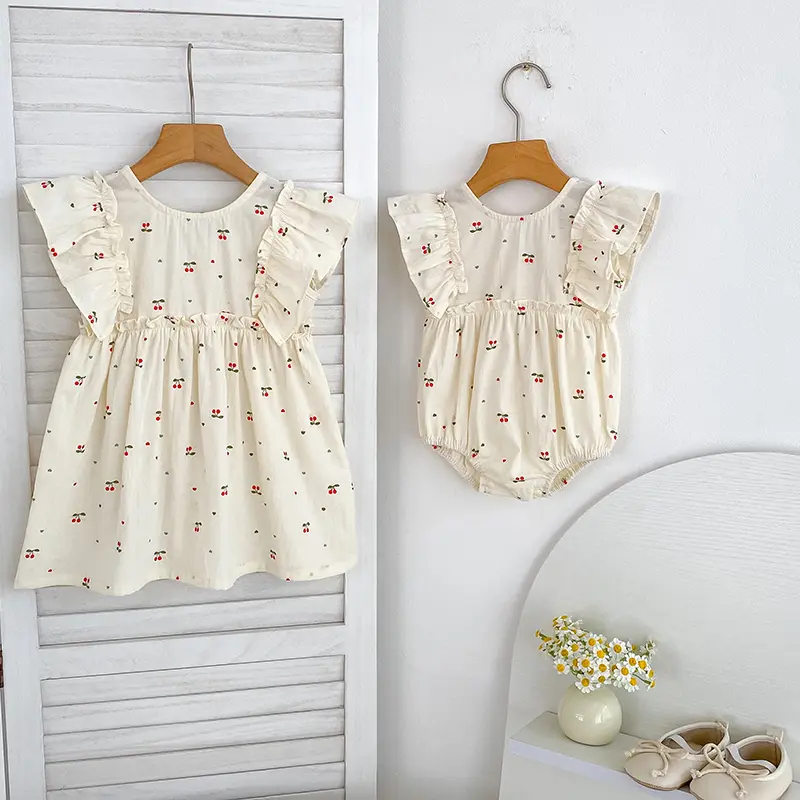 0-6Y Sister Dress Summer New Baby Girls Dress Baby Romper Sweet Princess Dress Cherry Print A-Line Dress Bow Flower Sweet Dress