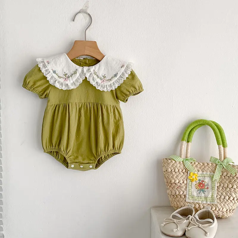 Summer Baby Girl Clothes Newborn Romper Embroidery Lace Peter Pan Collar Floral Cotton Short Sleeve Baby Bodysuit 0-24 Months
