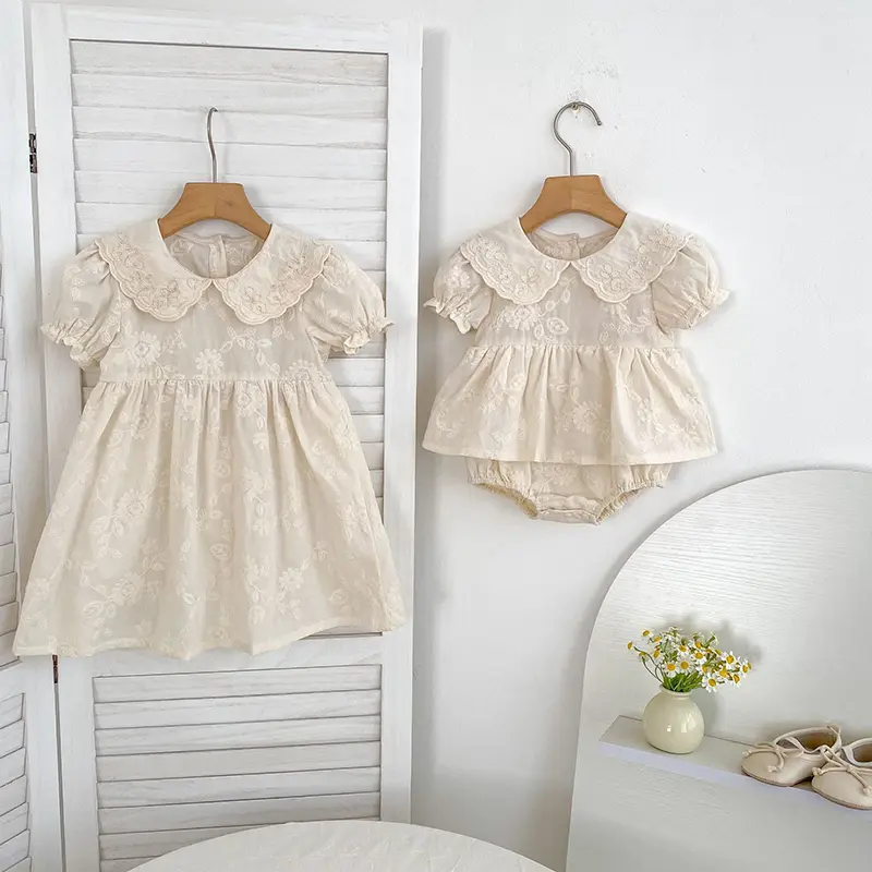 Summer Sisters Outfits Girl Infant Puff Sleeve Rompers Newborn Baby Embroider Cotton1-6Yrs Fashion Princess Dress Kids Clothes