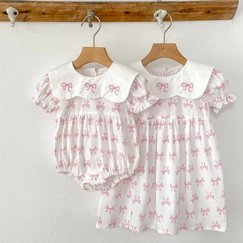 Pink Embroidery Bow Dress Baby Girl Petal Collar Romper Elegant Princess Birthday Party Dress Summer Infant Clothes Sister Look