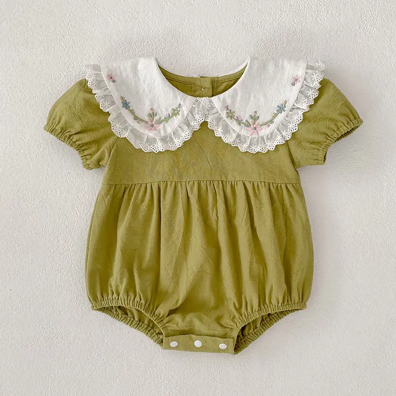 Summer Baby Girl Clothes Newborn Romper Embroidery Lace Peter Pan Collar Floral Cotton Short Sleeve Baby Bodysuit 0-24 Months