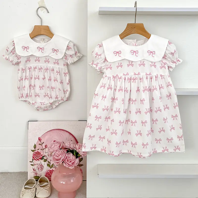 Pink Embroidery Bow Dress Baby Girl Petal Collar Romper Elegant Princess Birthday Party Dress Summer Infant Clothes Sister Look
