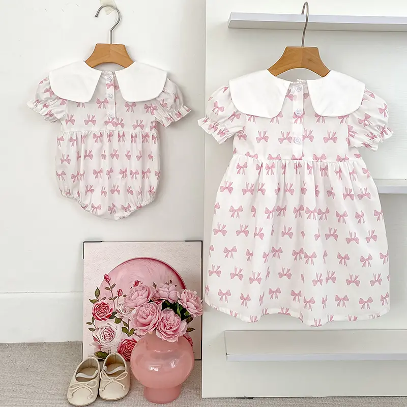 Pink Embroidery Bow Dress Baby Girl Petal Collar Romper Elegant Princess Birthday Party Dress Summer Infant Clothes Sister Look