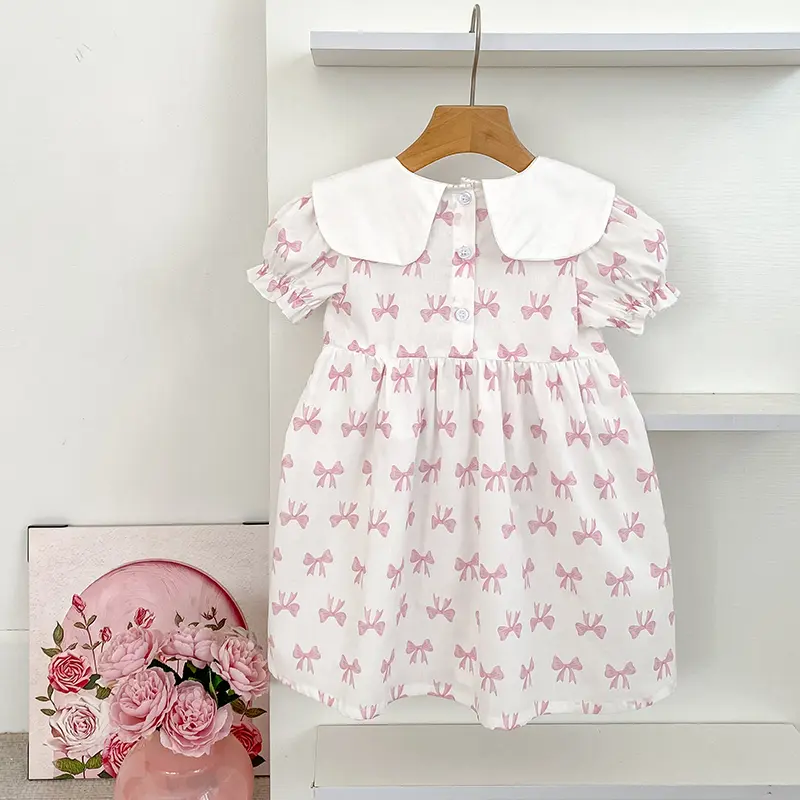 Girls Summer Dress Kids Princess Birthday Dresses Pink Embroidered Bow Dress Puff Sleeved Elegant Baby Children Clothes Vestidos