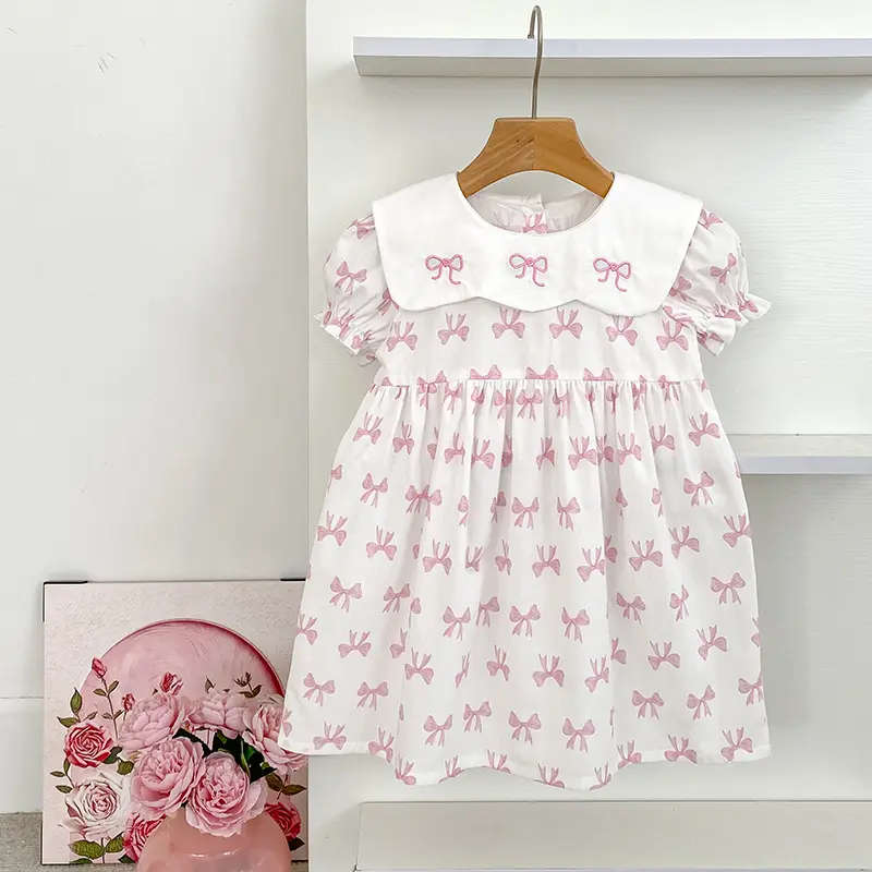 Pink Embroidery Bow Dress Baby Girl Petal Collar Romper Elegant Princess Birthday Party Dress Summer Infant Clothes Sister Look