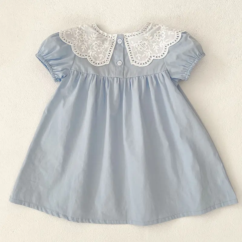 Baby Girls Dress Kids Summer Cute Flowers Dress 1-6 Yrs Children Fashion Doll Collar Princess Dress Blue Cotton Girl's Dresses