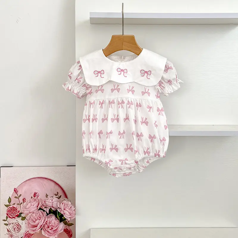Pink Embroidery Bow Dress Baby Girl Petal Collar Romper Elegant Princess Birthday Party Dress Summer Infant Clothes Sister Look