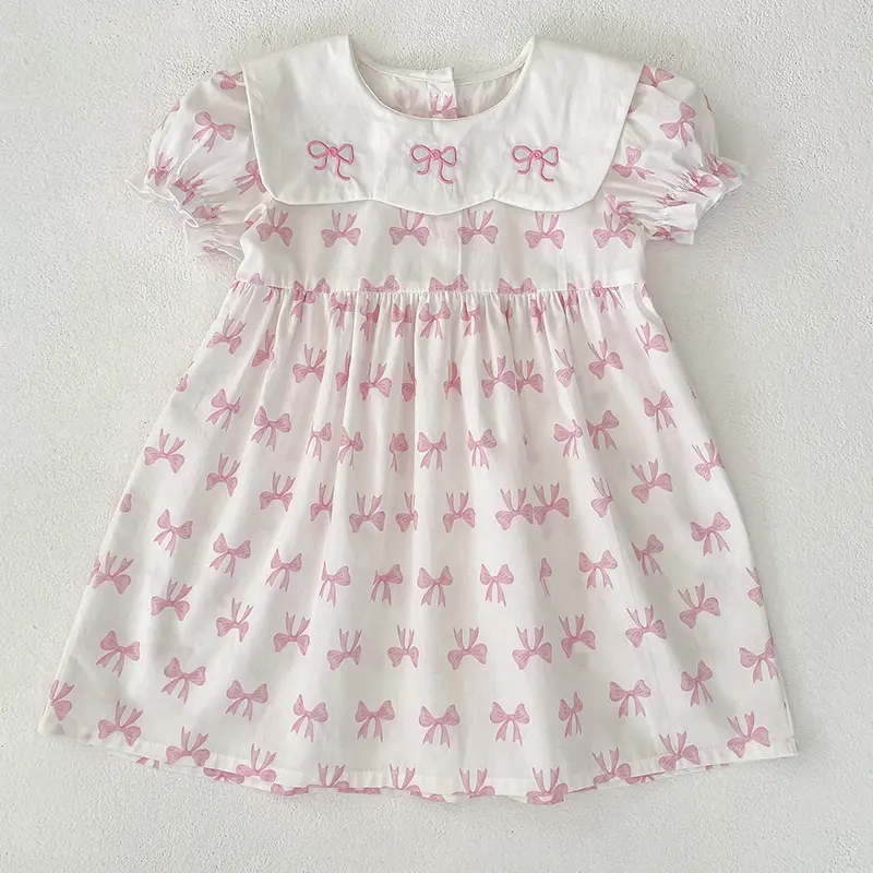 Girls Summer Dress Kids Princess Birthday Dresses Pink Embroidered Bow Dress Puff Sleeved Elegant Baby Children Clothes Vestidos