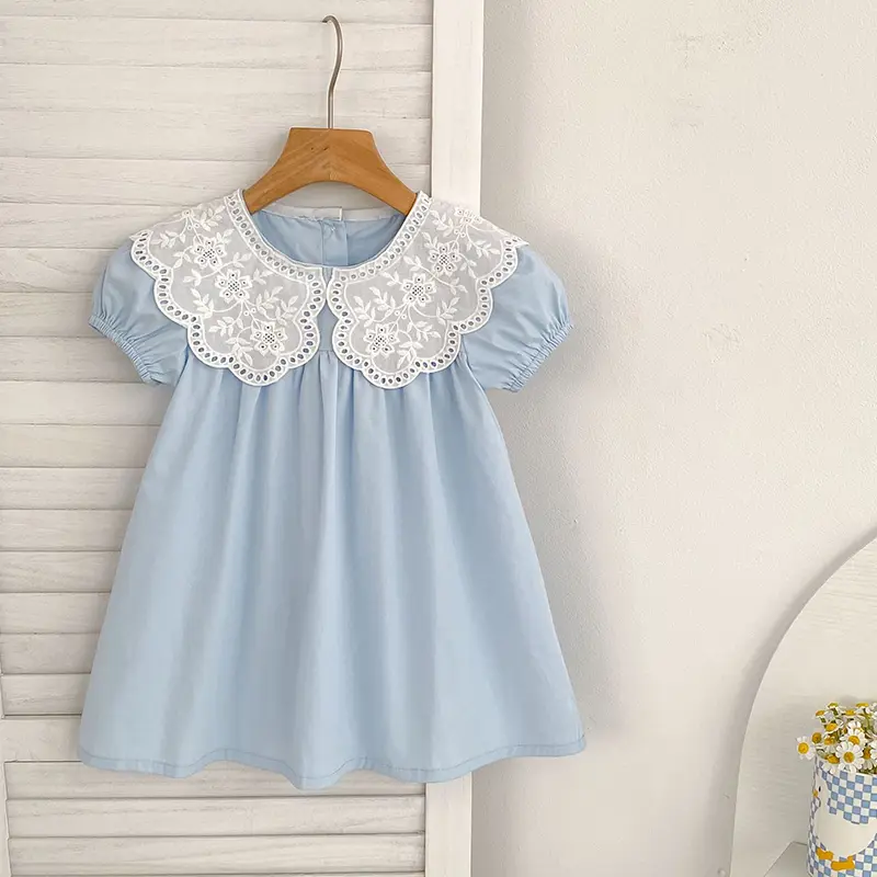 Baby Girls Dress Kids Summer Cute Flowers Dress 1-6 Yrs Children Fashion Doll Collar Princess Dress Blue Cotton Girl's Dresses