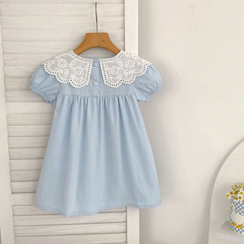 Baby Girls Dress Kids Summer Cute Flowers Dress 1-6 Yrs Children Fashion Doll Collar Princess Dress Blue Cotton Girl's Dresses