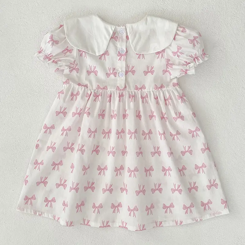Girls Summer Dress Kids Princess Birthday Dresses Pink Embroidered Bow Dress Puff Sleeved Elegant Baby Children Clothes Vestidos