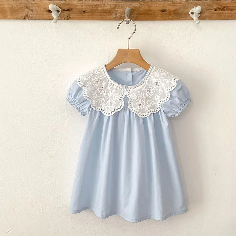 Baby Girls Dress Kids Summer Cute Flowers Dress 1-6 Yrs Children Fashion Doll Collar Princess Dress Blue Cotton Girl's Dresses