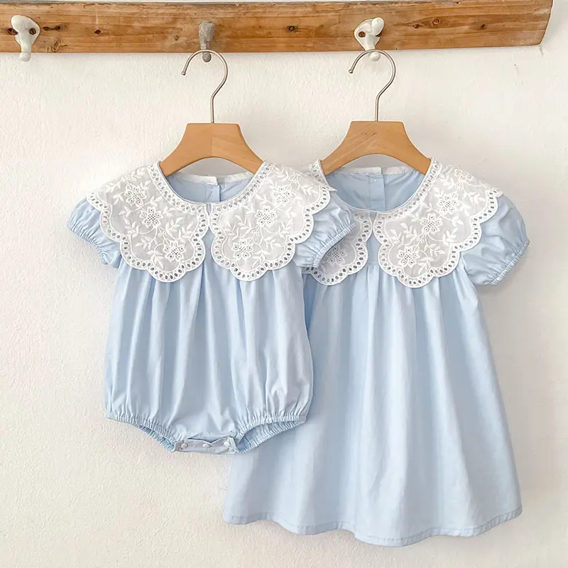 Baby Girls Dress Kids Summer Cute Flowers Dress 1-6 Yrs Children Fashion Doll Collar Princess Dress Blue Cotton Girl's Dresses