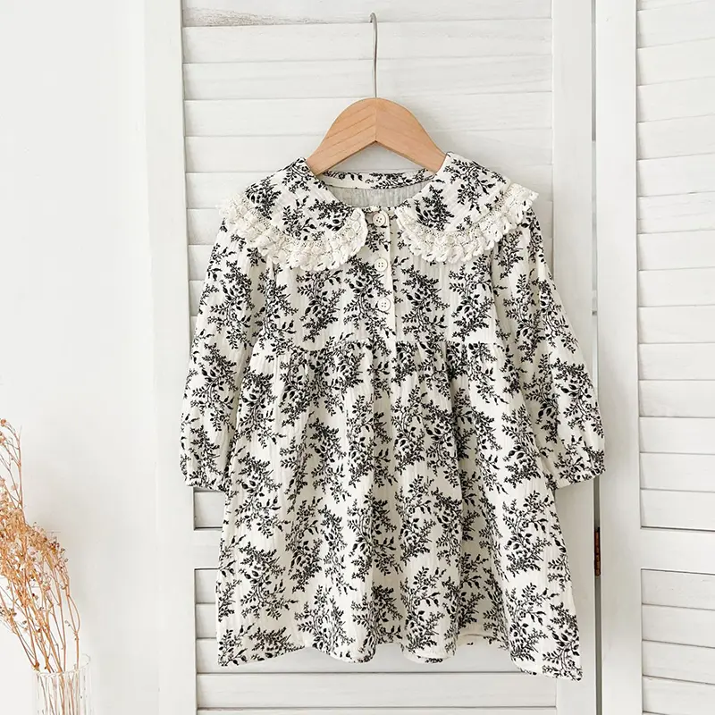 2025 Spring Floral Baby Girls Dress Long Sleeve Kids Lace Dress Cotton Princess Dress Toddler Girls Clothing 1-7Yrs Kids Dresses