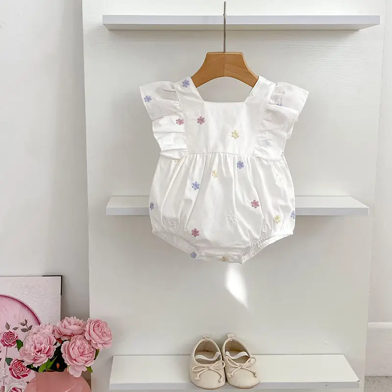 Summer Baby Girl Clothes Newborn Romper Embroidered Flowers Cotton Flying Sleeves Baby Bodysuit 0-24 Months Newborn Jumpsuit