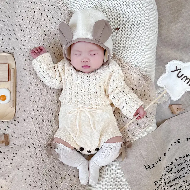 Newborn Infant Baby Girls Knitted Clothes Heart Long Sleeve Jumpsuit Outfit Autumn Winter Wool Knitted Sweater Romper Clothing
