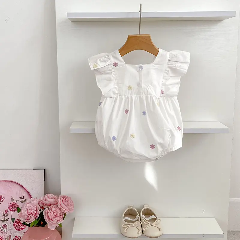 Summer Baby Girl Clothes Newborn Romper Embroidered Flowers Cotton Flying Sleeves Baby Bodysuit 0-24 Months Newborn Jumpsuit