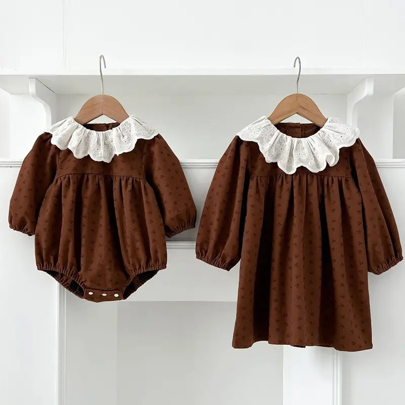 2025 Autumn Sister Clothes Kids Princess Dresses Baby Girls Retro Dress Romper Flowers Dress Cotton Baby Girl Clothing Suit