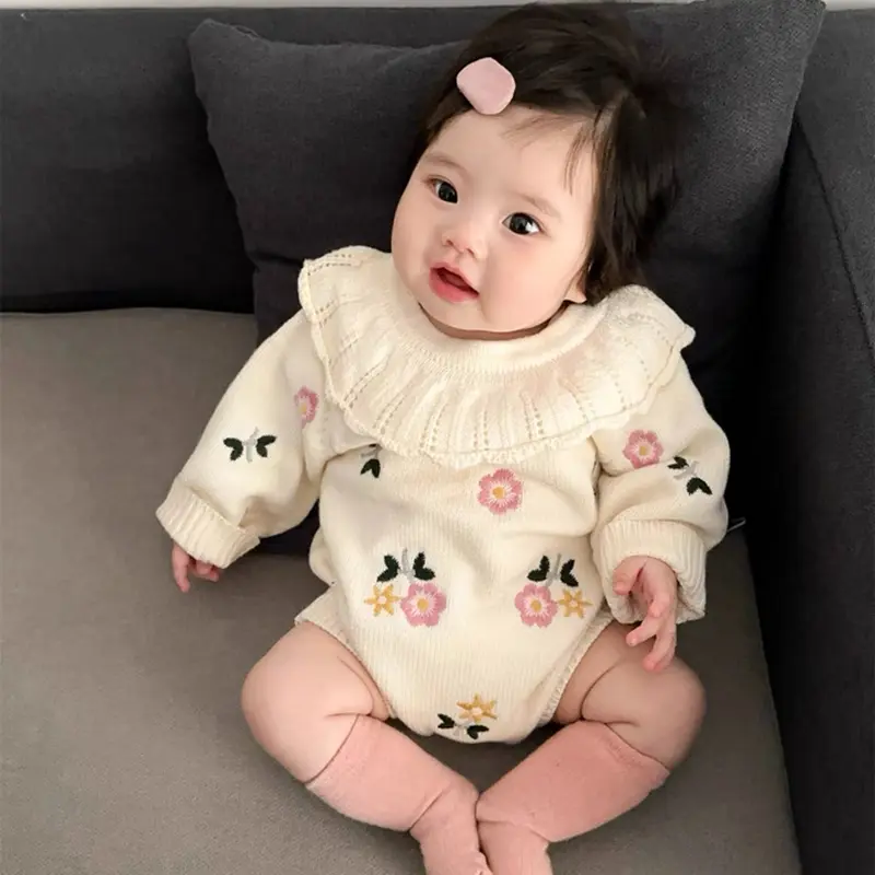 Autumn Baby Girls Rompers Cotton Knitted Ruffled Collar Infant Girls Bodysuit Knit Embroidery Princess Toddler Girls Outfits ﻿