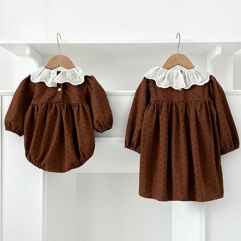 2025 Autumn Sister Clothes Kids Princess Dresses Baby Girls Retro Dress Romper Flowers Dress Cotton Baby Girl Clothing Suit