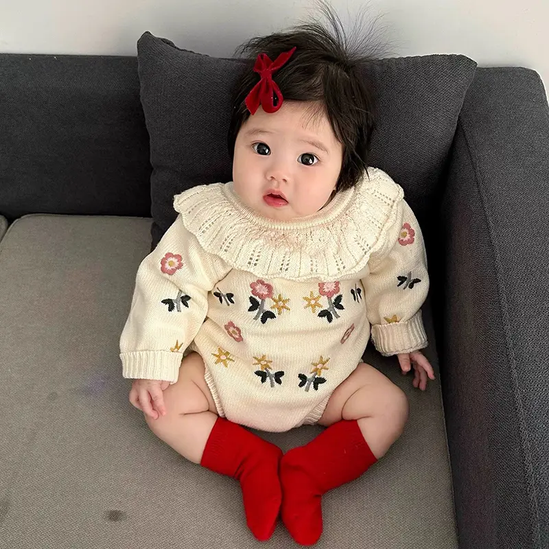Autumn Baby Girls Rompers Cotton Knitted Ruffled Collar Infant Girls Bodysuit Knit Embroidery Princess Toddler Girls Outfits ﻿