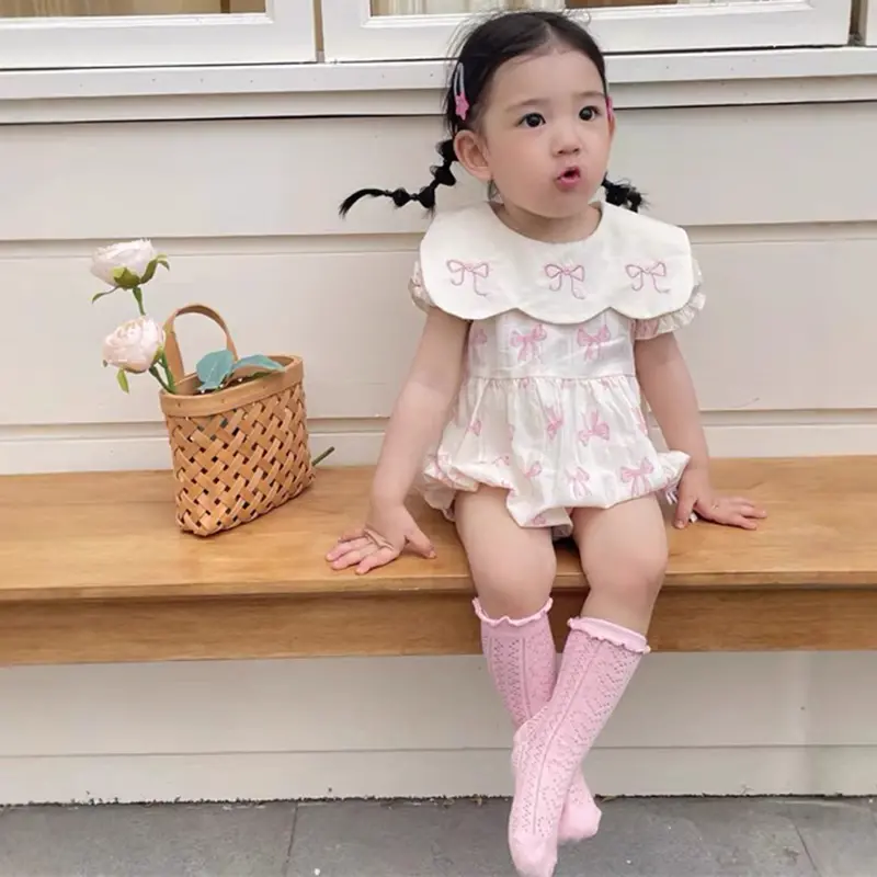 Newborn Princess Baby Girls Bodysuits Cotton Baby Summer Clothing Cute Embroidered Bow Infant Clothes Toddler Infant Bodysuits