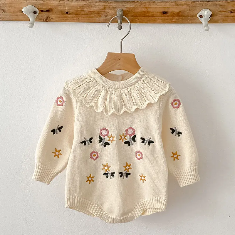 Autumn Baby Girls Rompers Cotton Knitted Ruffled Collar Infant Girls Bodysuit Knit Embroidery Princess Toddler Girls Outfits ﻿