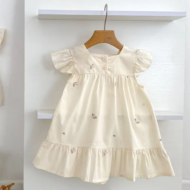 2025 Baby Dresses Summer Girls Dresses Flying Sleeve Dress Casual Ruffled Dresses Solid Embroidered Flowers A Line Kids Clothes