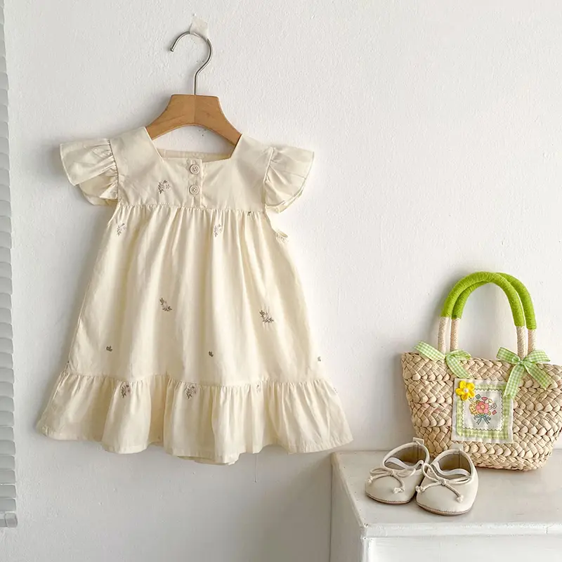 2025 Baby Dresses Summer Girls Dresses Flying Sleeve Dress Casual Ruffled Dresses Solid Embroidered Flowers A Line Kids Clothes
