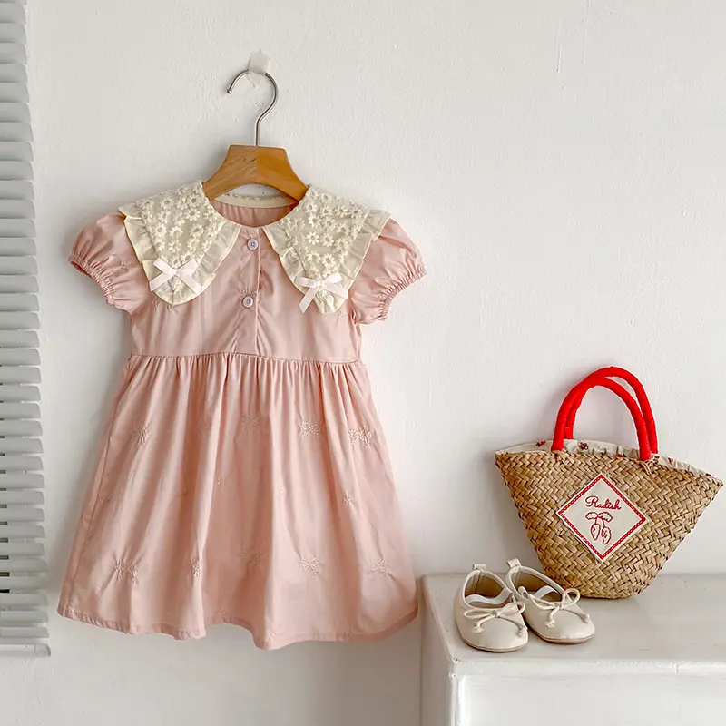 2025 Summer Baby Girl Dress Pink Baby Girl Clothing Lace Collar Cotton Princess Dress Embroidery Bow Toddler Baby Girls Dress