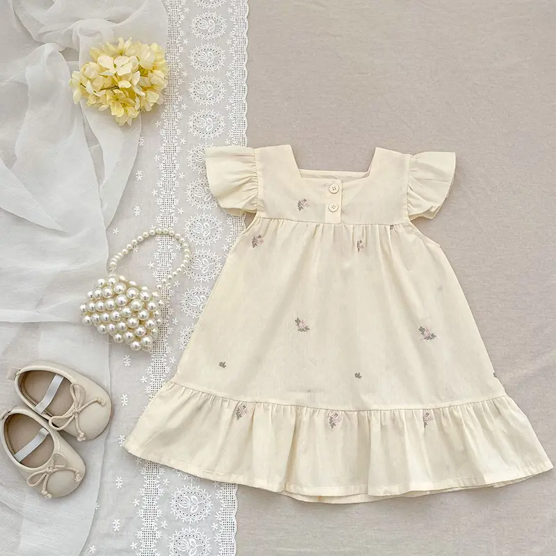 2025 Baby Dresses Summer Girls Dresses Flying Sleeve Dress Casual Ruffled Dresses Solid Embroidered Flowers A Line Kids Clothes