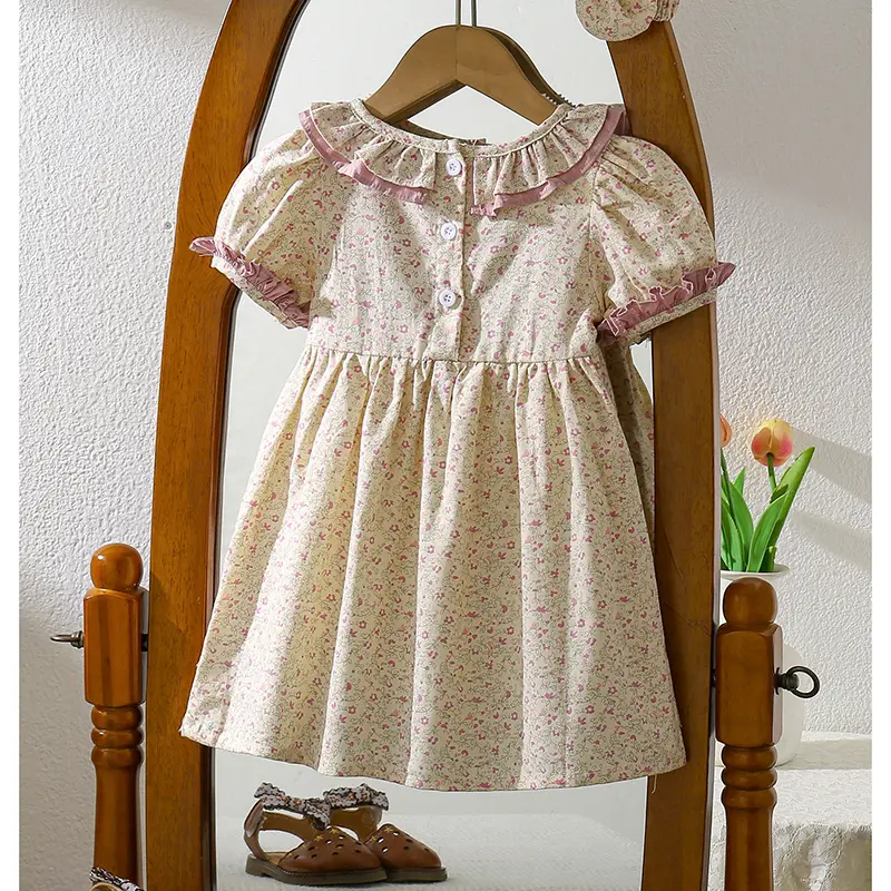 1-6Yrs Casual Summer Kids Girls Dress Floral Kids Clothes Ruffled Collar Purple Baby Girl Princess Dress New Flower Girl Dresses