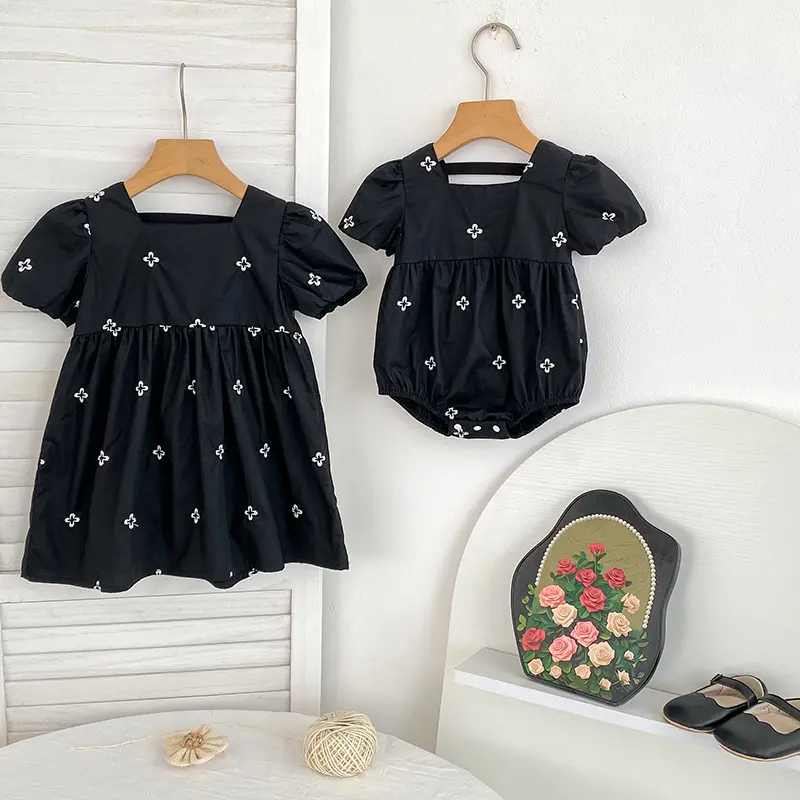 Infant Baby Girls Lace Collar Dress Rompers Sisters Clothes Kids Girls Embroider Flower Princess Dress Family Clothes Rompers