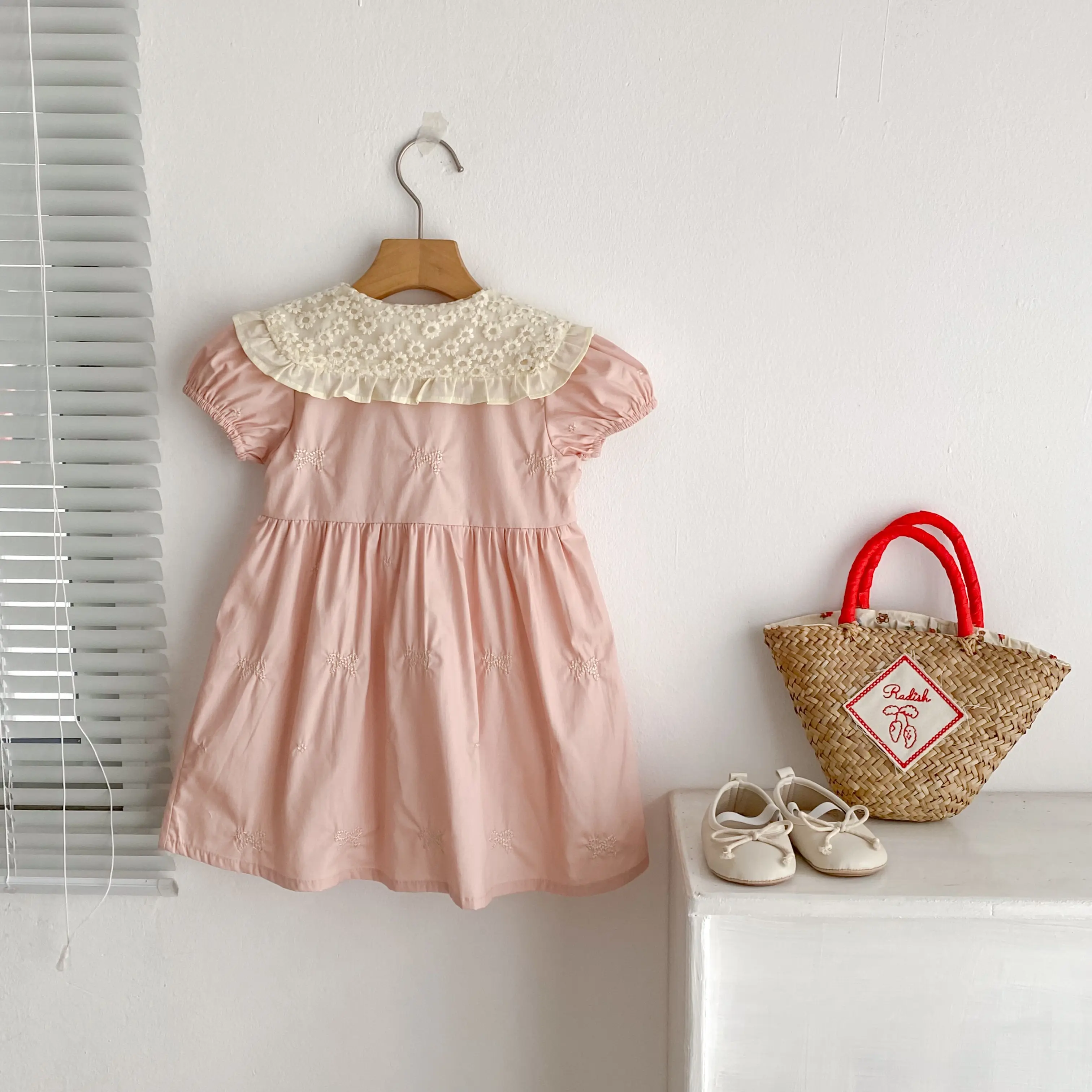 2025 Summer Baby Girl Dress Pink Baby Girl Clothing Lace Collar Cotton Princess Dress Embroidery Bow Toddler Baby Girls Dress