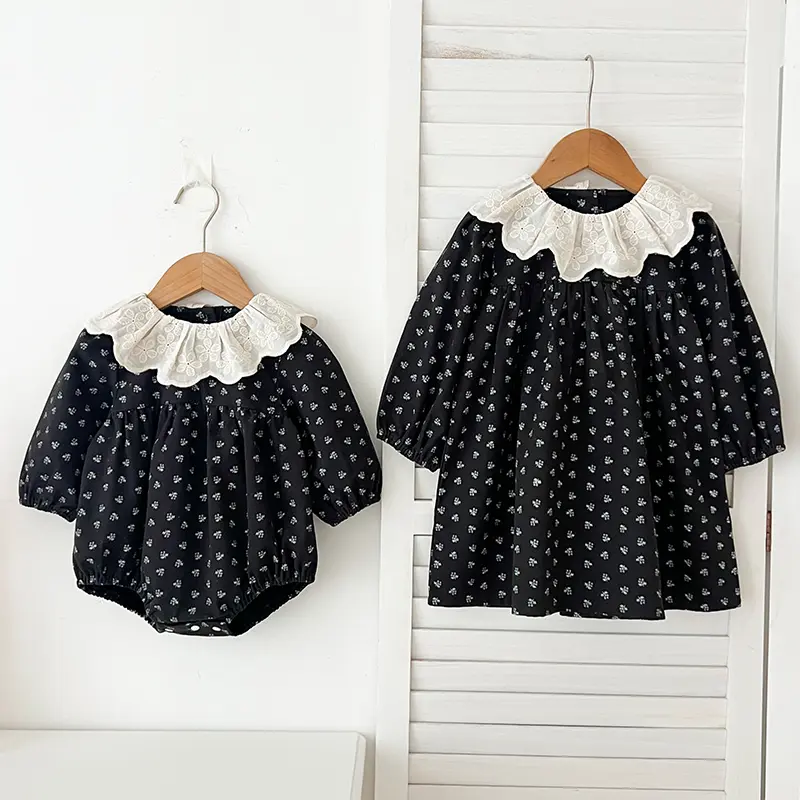 Autumn New Baby Girls Petal Collar Sweet Black Floral Retro Dress Sisters Rompers Spring Kids Baby Girls Children Clothes Dress